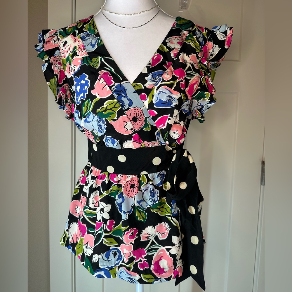 Odille Black Floral Top Blue Pink Accents Feminine Cottagecore Fairy‎ 100% Silk